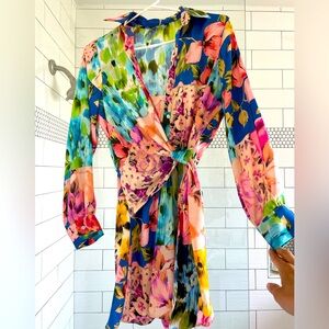 Zara Multicolor Floral Tie-Front Mini Dress - Blue, Pink, Green